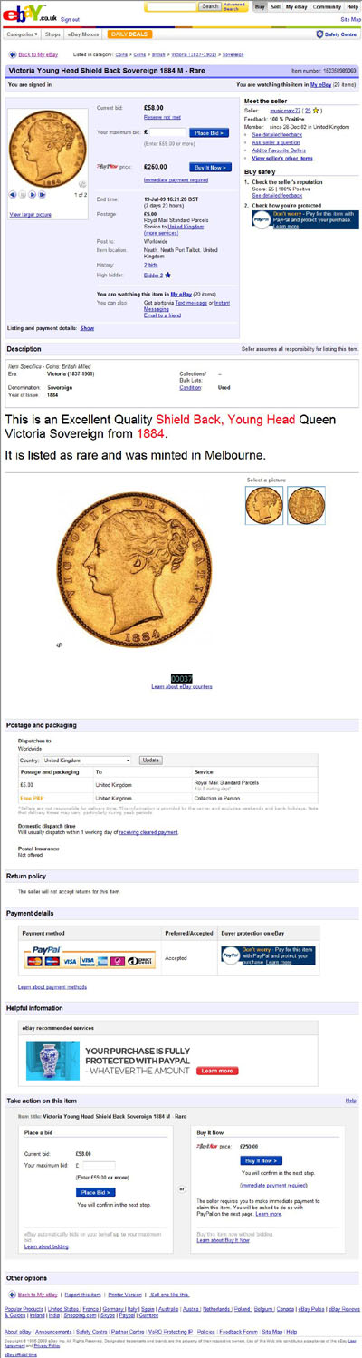 musicmarc77 eBay Listing of 1884 Melbourne Mint Victoria Shield Gold Sovereign